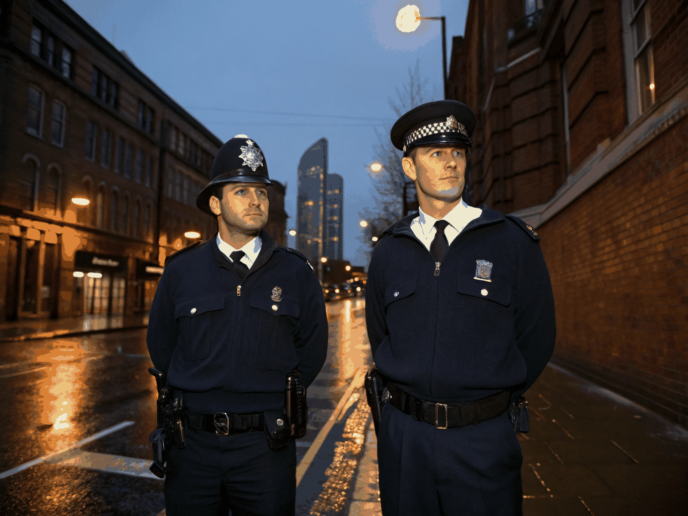 Professional security personnel in tactical gear standing vigilant in a high-contrast midnight setting
