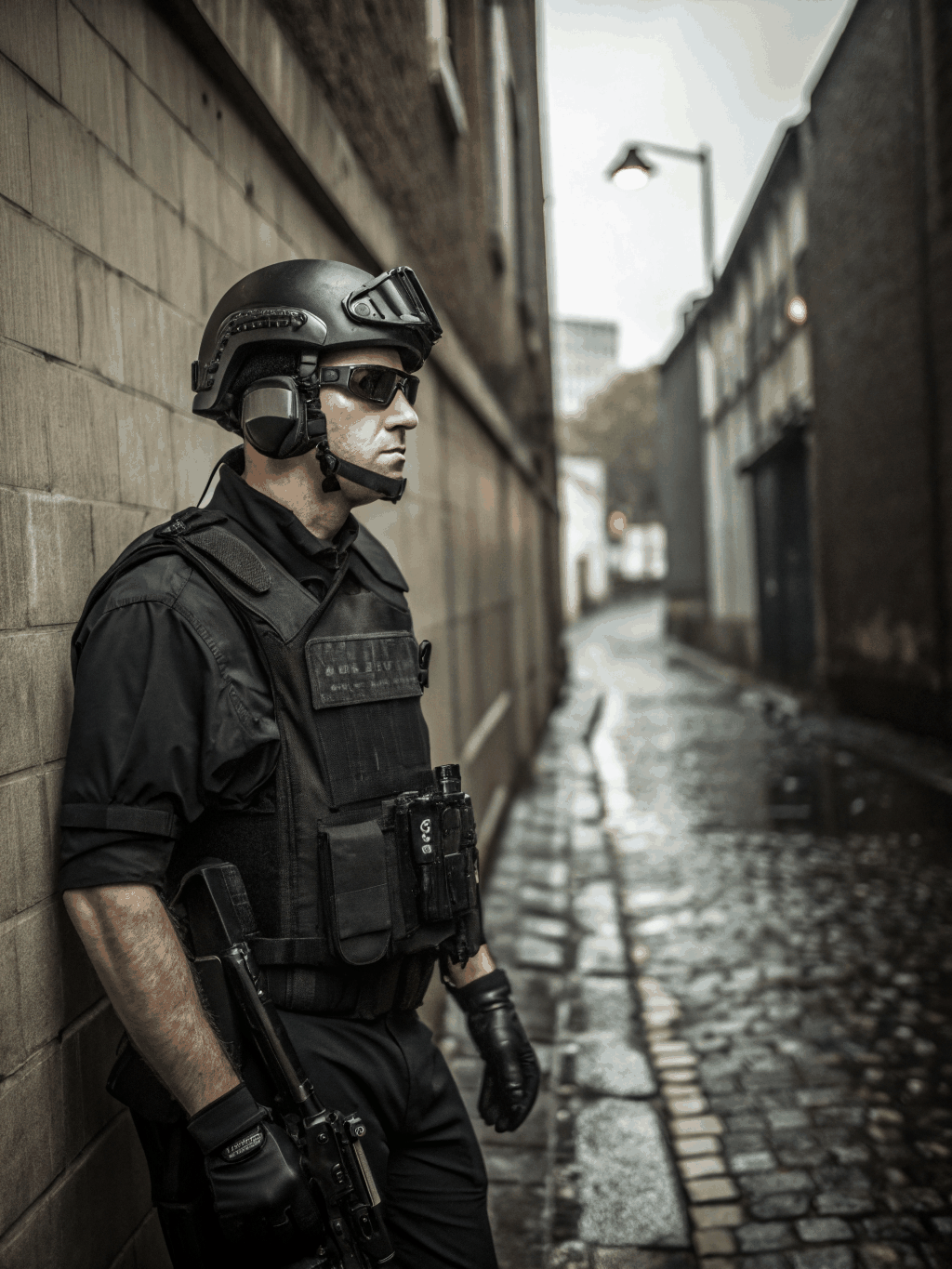 Professional security officer in tactical gear maintaining vigilance during a night patrol